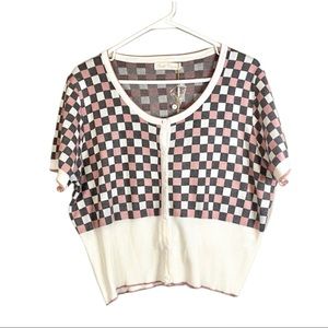 NWT Belle Poque Pink Grey White Short Sleeve Checkerboard Cardigan Size XL